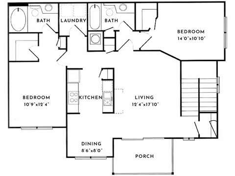 Floor plan for 2 beds, 2 baths, 1250 sqft